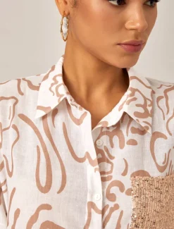 Sequin Apricot Curve Pocket Roll Up Sleeve Maxi Shirt Dress