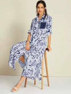 Sequin Apricot Curve Pocket Roll Up Sleeve Maxi Shirt Dress