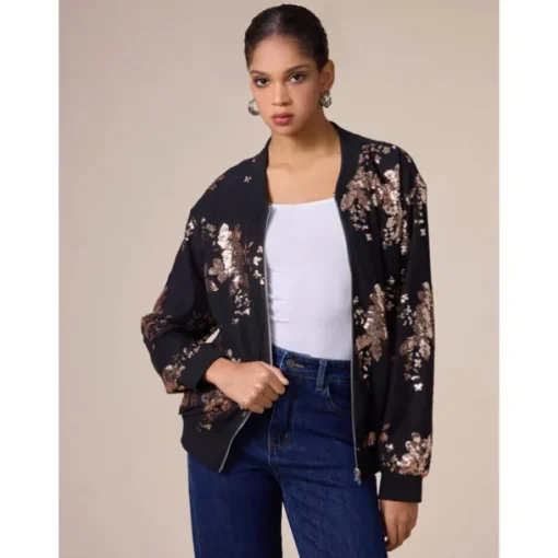 Sequin Crew Neck Bomber Jacket