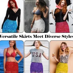 Sequin Skirt Fringe Wrap Skirts Sparkly Belly Dance Hip Scarf Tassel Skirt Party Rave Costume for Women Girls