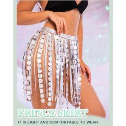 Sequin Skirt Silver Dots Fringe Skirts Belly Dance Hip Scarf Sparkly Rave Skirts for Women