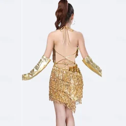 Sequins Tassel Latin Dance Dress for Women's 1920s Flapper Cocktail Party Dresses Rumba Ballroom Costumes with Gloves