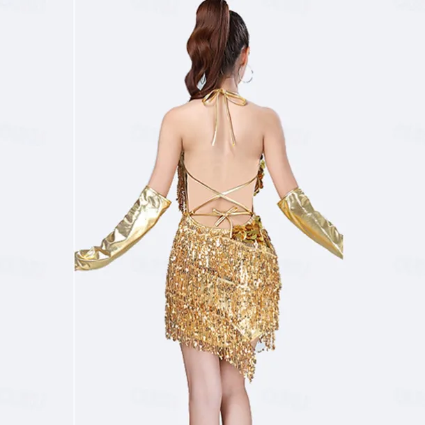 Sequins Tassel Latin Dance Dress for Women's 1920s Flapper Cocktail Party Dresses Rumba Ballroom Costumes with Gloves