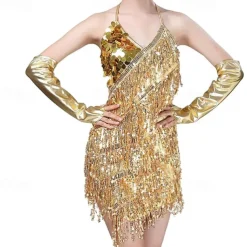 Sequins Tassel Latin Dance Dress for Women's 1920s Flapper Cocktail Party Dresses Rumba Ballroom Costumes with Gloves