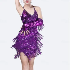 Sequins Tassel Latin Dance Dress for Women's 1920s Flapper Cocktail Party Dresses Rumba Ballroom Costumes with Gloves