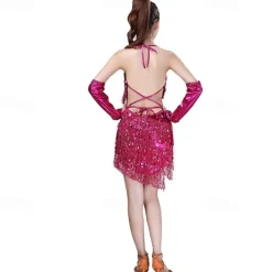 Sequins Tassel Latin Dance Dress for Women's 1920s Flapper Cocktail Party Dresses Rumba Ballroom Costumes with Gloves