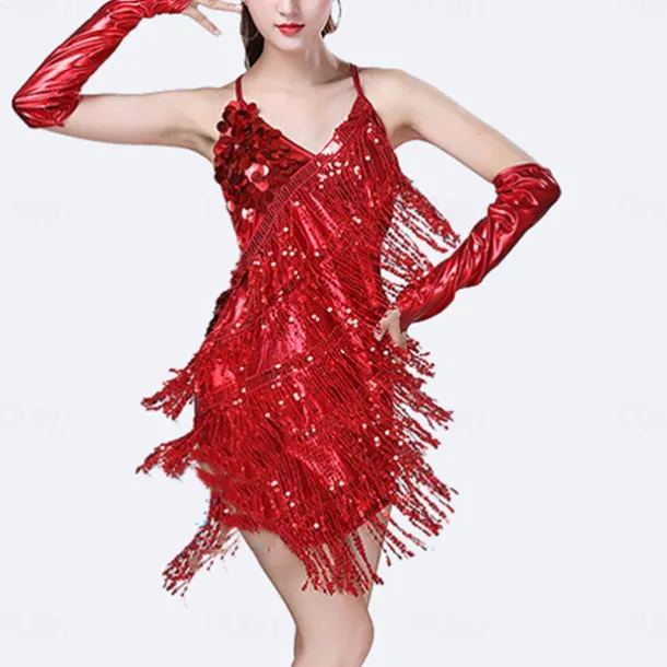 Sequins Tassel Latin Dance Dress for Women's 1920s Flapper Cocktail Party Dresses Rumba Ballroom Costumes with Gloves