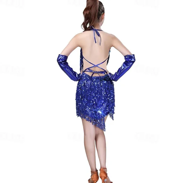 Sequins Tassel Latin Dance Dress for Women's 1920s Flapper Cocktail Party Dresses Rumba Ballroom Costumes with Gloves