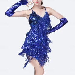Sequins Tassel Latin Dance Dress for Women's 1920s Flapper Cocktail Party Dresses Rumba Ballroom Costumes with Gloves