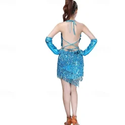 Sequins Tassel Latin Dance Dress for Women's 1920s Flapper Cocktail Party Dresses Rumba Ballroom Costumes with Gloves