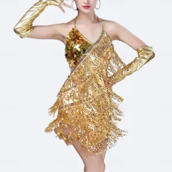 Sequins Tassel Latin Dance Dress for Women's 1920s Flapper Cocktail Party Dresses Rumba Ballroom Costumes with Gloves