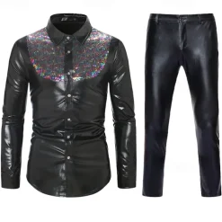 Set with Shiny Metallic Straight Leg Pants 2 PCS Disco Outfits 1980s Men's Sequins Cosplay Costume Masquerade Party Evening Club Performance
