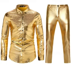 Set with Shiny Metallic Straight Leg Pants 2 PCS Disco Outfits 1980s Men's Sequins Cosplay Costume Masquerade Party Evening Club Performance