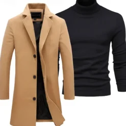 Set with Trench Coat Pullover Men's 2 PCS Outfits Winter Coat Overcoat Daily Wear Winter Thermal Warm Windproof Outerwear Clothing Apparel Fashion Warm Ups Plain Pocket Lapel Single Breasted