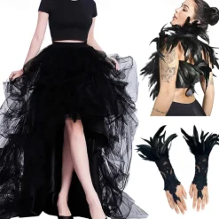 Set with Tulle Tutu Skirt Feather Cape Lace Gloves 3 PCS Women's High Waist High Low Layered Tulle Floor Length Skirt Feather Shawls Outfits Maleficent Costume Punk Gothic Halloween Party Carnival