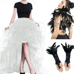 Set with Tulle Tutu Skirt Feather Cape Lace Gloves 3 PCS Women's High Waist High Low Layered Tulle Floor Length Skirt Feather Shawls Outfits Maleficent Costume Punk Gothic Halloween Party Carnival