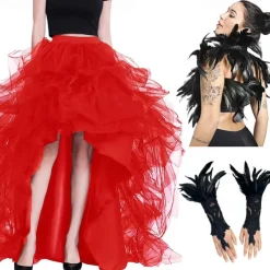 Set with Tulle Tutu Skirt Feather Cape Lace Gloves 3 PCS Women's High Waist High Low Layered Tulle Floor Length Skirt Feather Shawls Outfits Maleficent Costume Punk Gothic Halloween Party Carnival