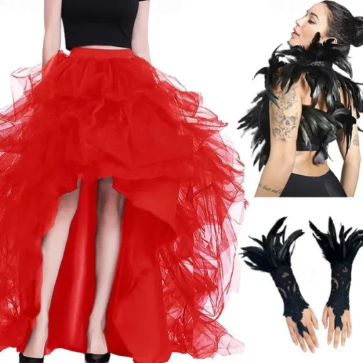 Set with Tulle Tutu Skirt Feather Cape Lace Gloves 3 PCS Women's High Waist High Low Layered Tulle Floor Length Skirt Feather Shawls Outfits Maleficent Costume Punk Gothic Halloween Party Carnival
