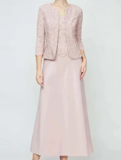 Sheath / Column 3 Piece Mother of the Bride Dress Formal Wedding Guest Elegant Vintage Simple Square Neck Crew Neck Floor Length Satin Lace Sleeveless Long Sleeve Jacket Dresses with Lace