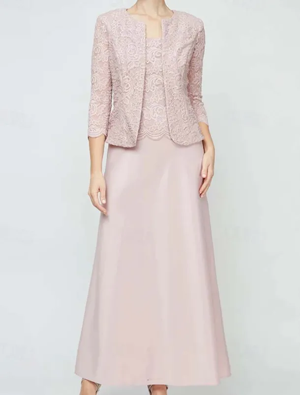 Sheath / Column 3 Piece Mother of the Bride Dress Formal Wedding Guest Elegant Vintage Simple Square Neck Crew Neck Floor Length Satin Lace Sleeveless Long Sleeve Jacket Dresses with Lace
