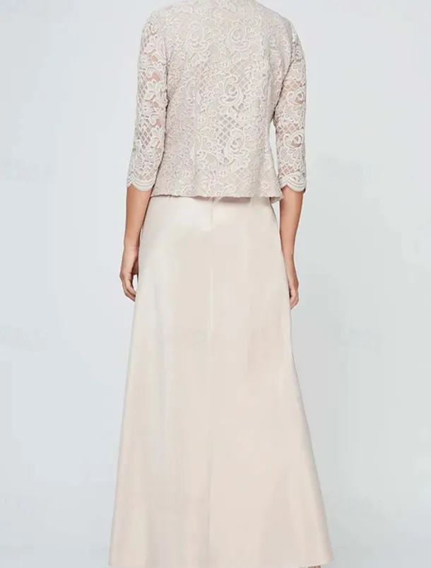 Sheath / Column 3 Piece Mother of the Bride Dress Formal Wedding Guest Elegant Vintage Simple Square Neck Crew Neck Floor Length Satin Lace Sleeveless Long Sleeve Jacket Dresses with Lace