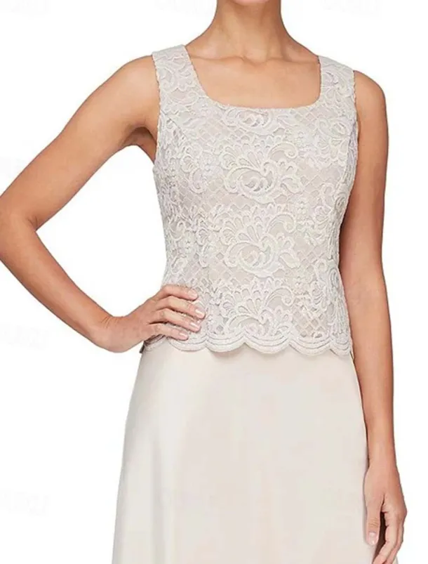 Sheath / Column 3 Piece Mother of the Bride Dress Formal Wedding Guest Elegant Vintage Simple Square Neck Crew Neck Floor Length Satin Lace Sleeveless Long Sleeve Jacket Dresses with Lace