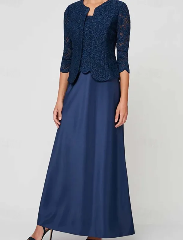 Sheath / Column 3 Piece Mother of the Bride Dress Formal Wedding Guest Elegant Vintage Simple Square Neck Crew Neck Floor Length Satin Lace Sleeveless Long Sleeve Jacket Dresses with Lace