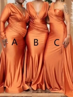 Sheath / Column Bridesmaid Dress V Neck / One Shoulder Long Sleeve Elegant Sweep / Brush Train Spandex with Pleats / Solid Color 2022