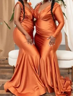 Sheath / Column Bridesmaid Dress V Neck / One Shoulder Long Sleeve Elegant Sweep / Brush Train Spandex with Pleats / Solid Color 2022