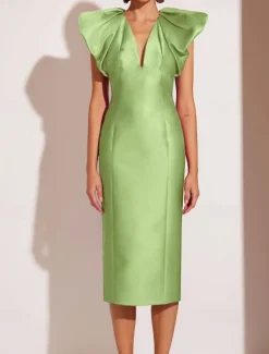 Sheath / Column Cocktail Dresses Elegant Formal Wedding Tea Length Midi Dress Short Sleeve V NeckDress Satin with Pleats