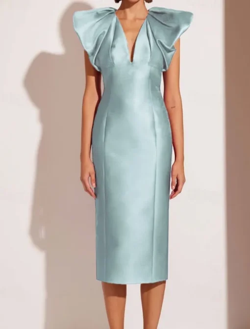 Sheath / Column Cocktail Dresses Elegant Formal Wedding Tea Length Midi Dress Short Sleeve V NeckDress Satin with Pleats