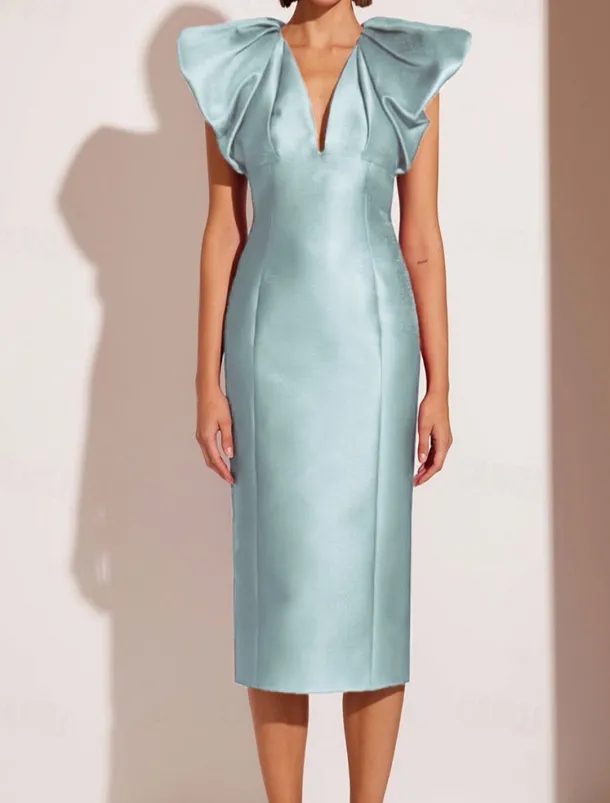Sheath / Column Cocktail Dresses Elegant Formal Wedding Tea Length Midi Dress Short Sleeve V NeckDress Satin with Pleats