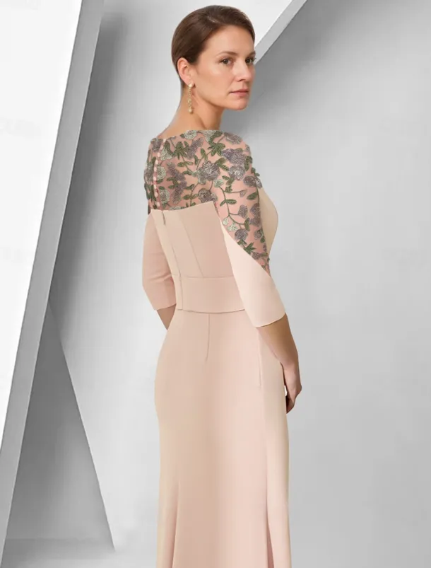 Sheath / Column Dress Mother of the Bride Dress Elegant Jewel Neck Floor Length Stretch Fabric 3/4 Length Sleeve with Lace Embroidery Appliques
