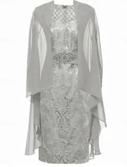 Sheath / Column Dress Sets Mother of the Bride Dress Elegant Simple Crew Neck Knee Length Lace 3/4 Length Sleeve with Solid Color