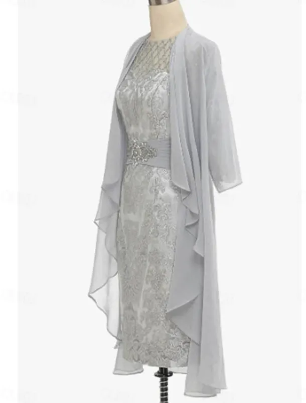 Sheath / Column Dress Sets Mother of the Bride Dress Elegant Simple Crew Neck Knee Length Lace 3/4 Length Sleeve with Solid Color