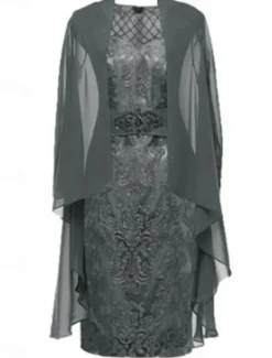 Sheath / Column Dress Sets Mother of the Bride Dress Elegant Simple Crew Neck Knee Length Lace 3/4 Length Sleeve with Solid Color