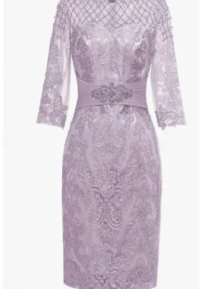 Sheath / Column Dress Sets Mother of the Bride Dress Elegant Simple Crew Neck Knee Length Lace 3/4 Length Sleeve with Solid Color