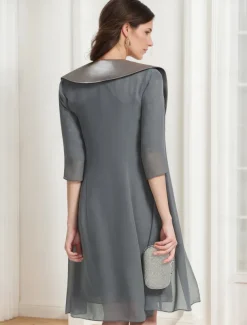 Sheath / Column Dress Suit Mother of the Bride Dress Elegant Vintage Jewel Neck Knee Length Chiffon Lace 3/4 Length Sleeve Jacket Dresses with Lace Ruched Appliques