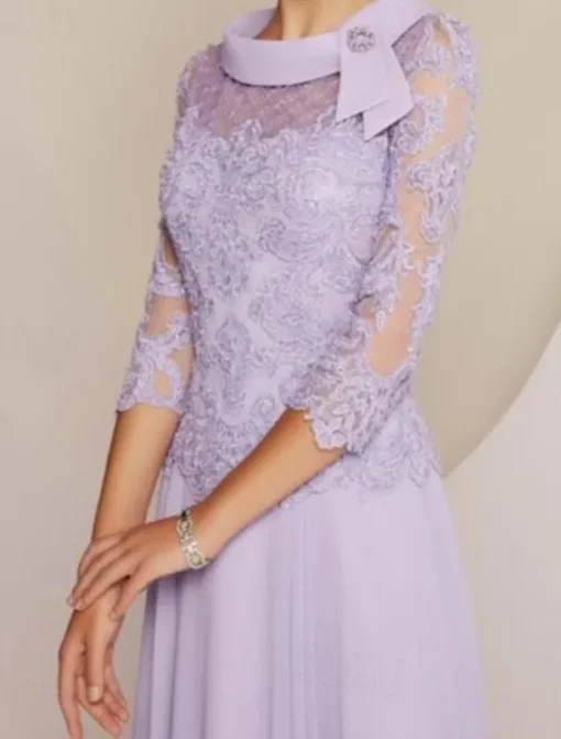 Sheath / Column Mother of the Bride Dress Wedding Guest Party Sweet Scoop Neck Tea Length Chiffon Lace 3/4 Length Sleeve with Pleats Beading free custom size