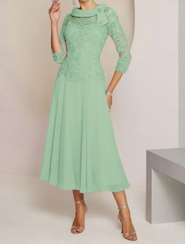 Sheath / Column Mother of the Bride Dress Wedding Guest Party Sweet Scoop Neck Tea Length Chiffon Lace 3/4 Length Sleeve with Pleats Beading free custom size