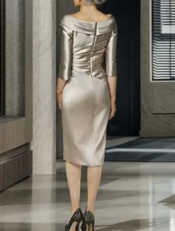 Sheath / Column Mother of the Bride Dress Formal Wedding Guest Elegant Vintage Luxurious V Neck Tea Length Satin Half Sleeve Jacket Dresses with Pleats Race Day Dress