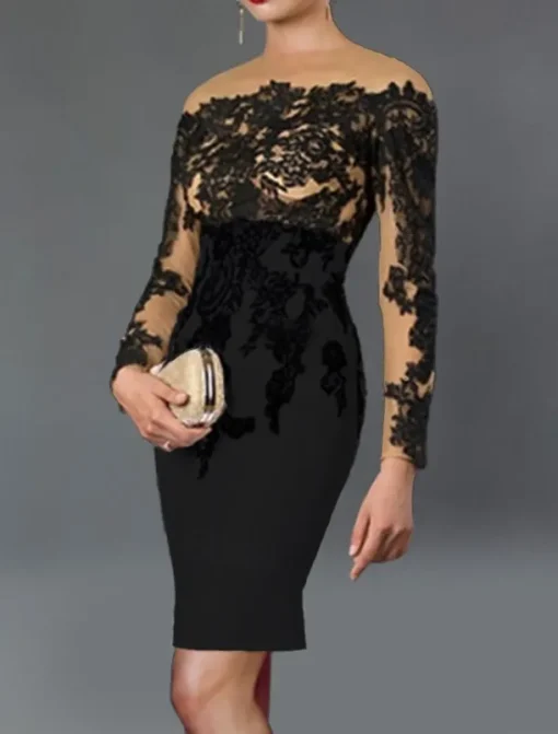 Sheath Cocktail Dresses Elegant Dress Kentucky Tea Length Long Sleeve Off Shoulder Stretch Fabric with Appliques Dresses