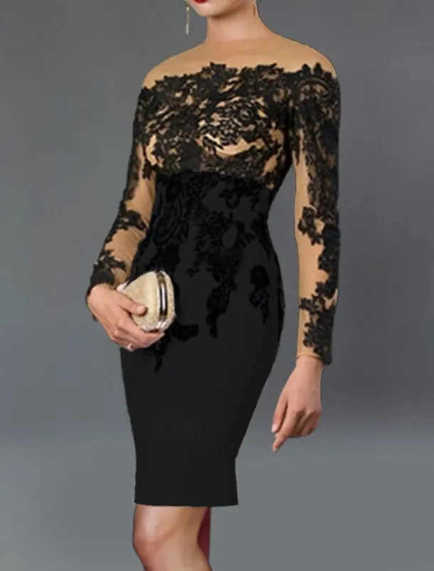 Sheath Cocktail Dresses Elegant Dress Kentucky Tea Length Long Sleeve Off Shoulder Stretch Fabric with Appliques Dresses