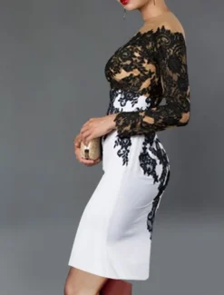 Sheath Cocktail Dresses Elegant Dress Kentucky Tea Length Long Sleeve Off Shoulder Stretch Fabric with Appliques Dresses