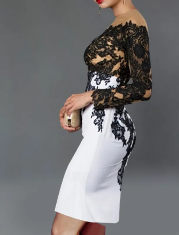 Sheath Cocktail Dresses Elegant Dress Kentucky Tea Length Long Sleeve Off Shoulder Stretch Fabric with Appliques Dresses