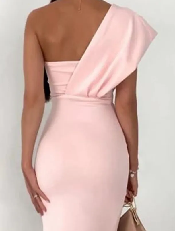 Sheath Cocktail Dresses Elegant Dress Wedding Guest Prom Tea Length Sleeveless One Shoulder Stretch Fabric with Slit Pure Color Strappy Dresses