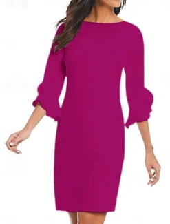 Sheath Cocktail Dresses Minimalist Dress Cocktail Party Knee Length 3/4 Length Sleeve Jewel Neck Fall Wedding Guest Chiffon with Ruffles Dresses
