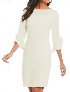 Sheath Cocktail Dresses Minimalist Dress Cocktail Party Knee Length 3/4 Length Sleeve Jewel Neck Fall Wedding Guest Chiffon with Ruffles Dresses
