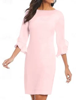 Sheath Cocktail Dresses Minimalist Dress Cocktail Party Knee Length 3/4 Length Sleeve Jewel Neck Fall Wedding Guest Chiffon with Ruffles Dresses