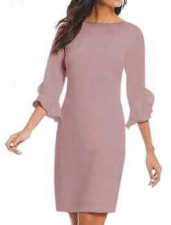Sheath Cocktail Dresses Minimalist Dress Cocktail Party Knee Length 3/4 Length Sleeve Jewel Neck Fall Wedding Guest Chiffon with Ruffles Dresses